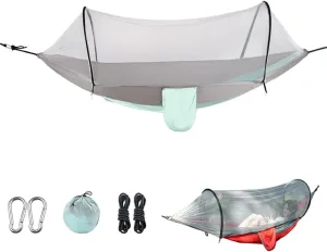 Outdoor Camping Nylon Hammock with Mosquito Net, No Installation Required, Anti-Rollover Design, Includes Support Poles