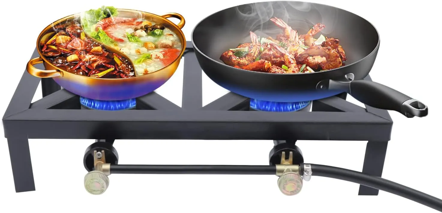 Outdoor Gas Stove Double Burner - Portable Propane Cooker with Adjustable 0-20Psi Regulator Hose Camp Cooker Portable Gas Stove for Patio Camping, BBQ, Home Brewing