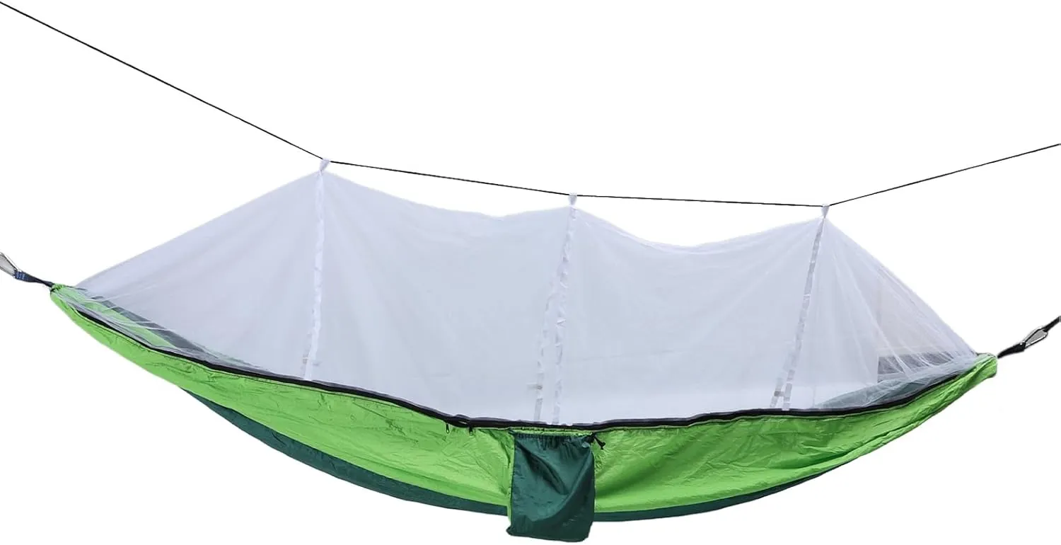 Outdoor Hammock 661lb Load Bearing Lightweight Portable Hammock with Net, Safe Carabiners, Breathable Mesh, Tear Nylon for Courtyard Camping Picnic (Dark Green with Fruit Green (White Net))