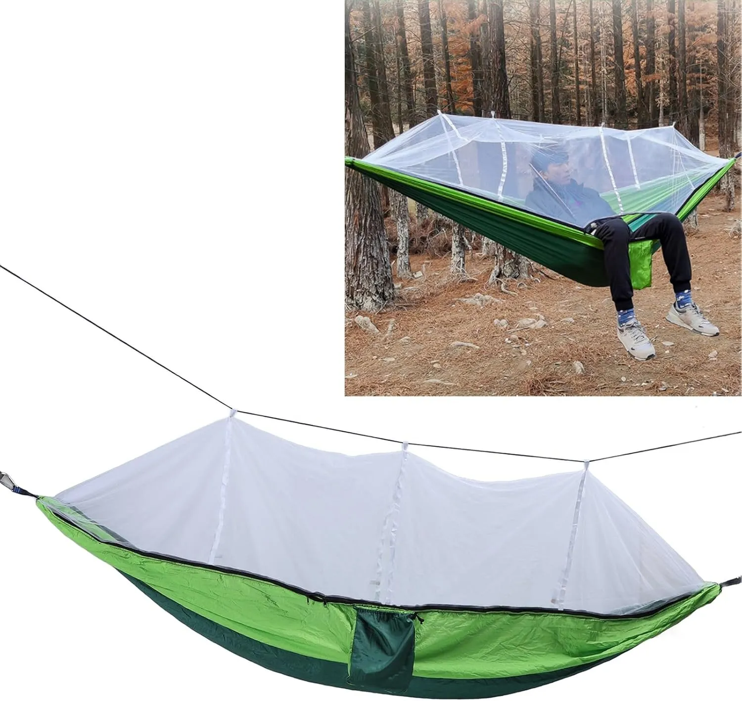 Outdoor Hammock 661lb Load Bearing Lightweight Portable Hammock with Net, Safe Carabiners, Breathable Mesh, Tear Nylon for Courtyard Camping Picnic (Dark Green with Fruit Green (White Net))