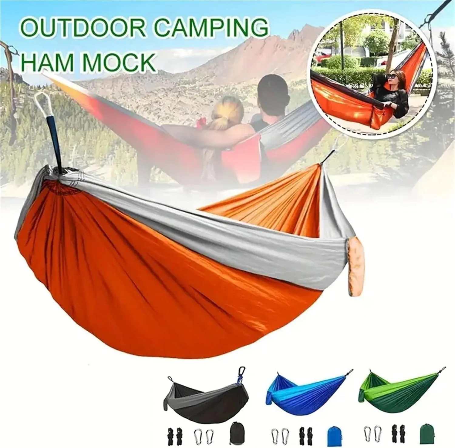 Outdoor Lightweight Double Nylon Camping Hammock with Hanging Straps Perfect for Backpacking Travel Beach Yard and Garden(Green)