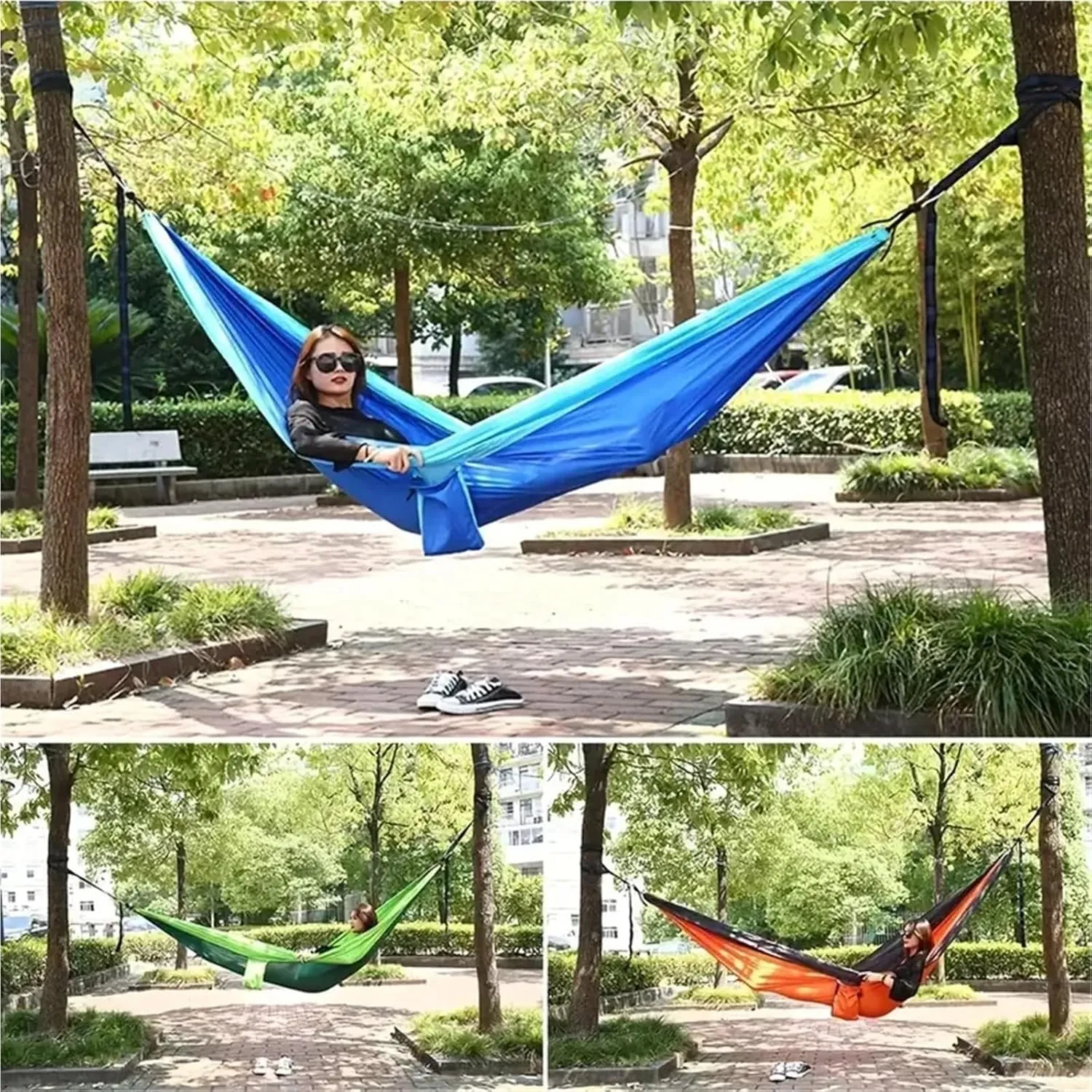 Outdoor Lightweight Double Nylon Camping Hammock with Hanging Straps Perfect for Backpacking Travel Beach Yard and Garden(Green)