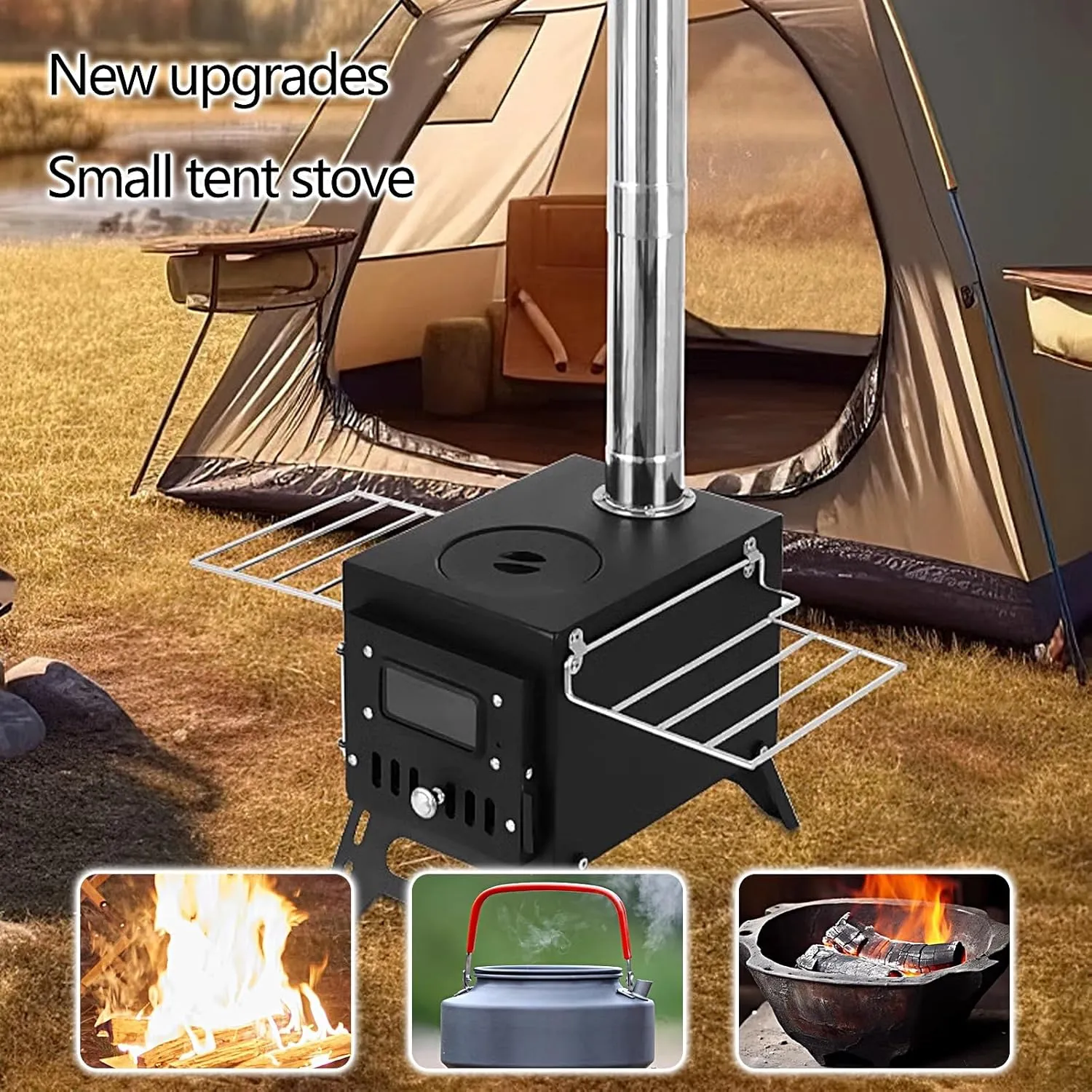 Outdoor Portable Wood Stove, Wood Burning Stove for Camping, Tent Heaters for Camping Includes Chimney Pipes ans View Glass, Ice Fishing Cookout Travel(Gray)