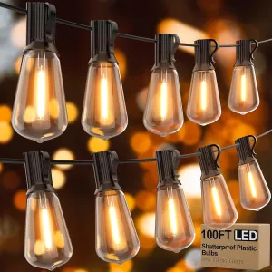 Outdoor String Lights 100ft ST38 with Waterproof Shatterproof 50( 2) LED Bulbs,Outside Hanging Vintage Edison Lights for Patio, Porch,Deck,Garden,Backyard,2500K Low Voltage (no dimmable)