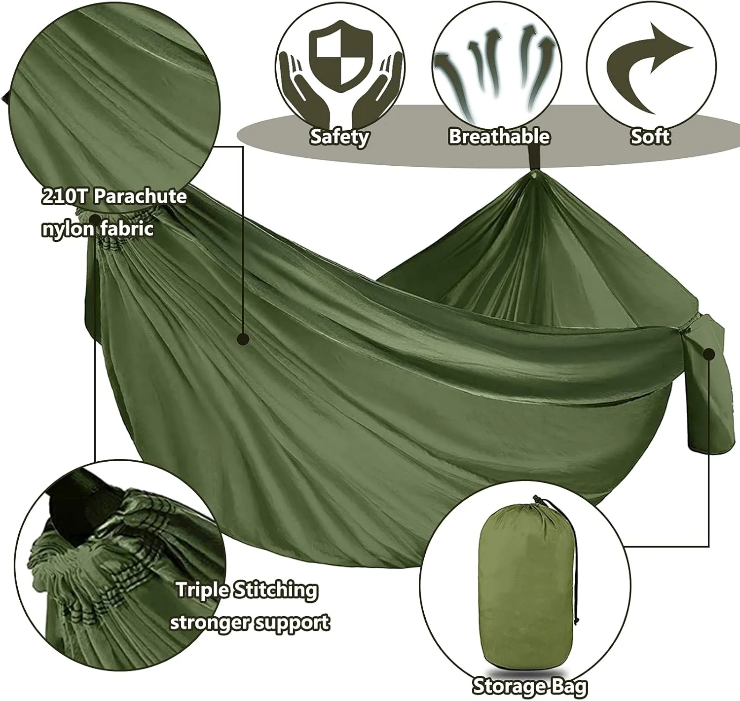Outdoor Travel Hammock, Portable Camping Hammock, Double Hammock 200kg Load Capacity for Camping Hiking Backpacking,Army Green