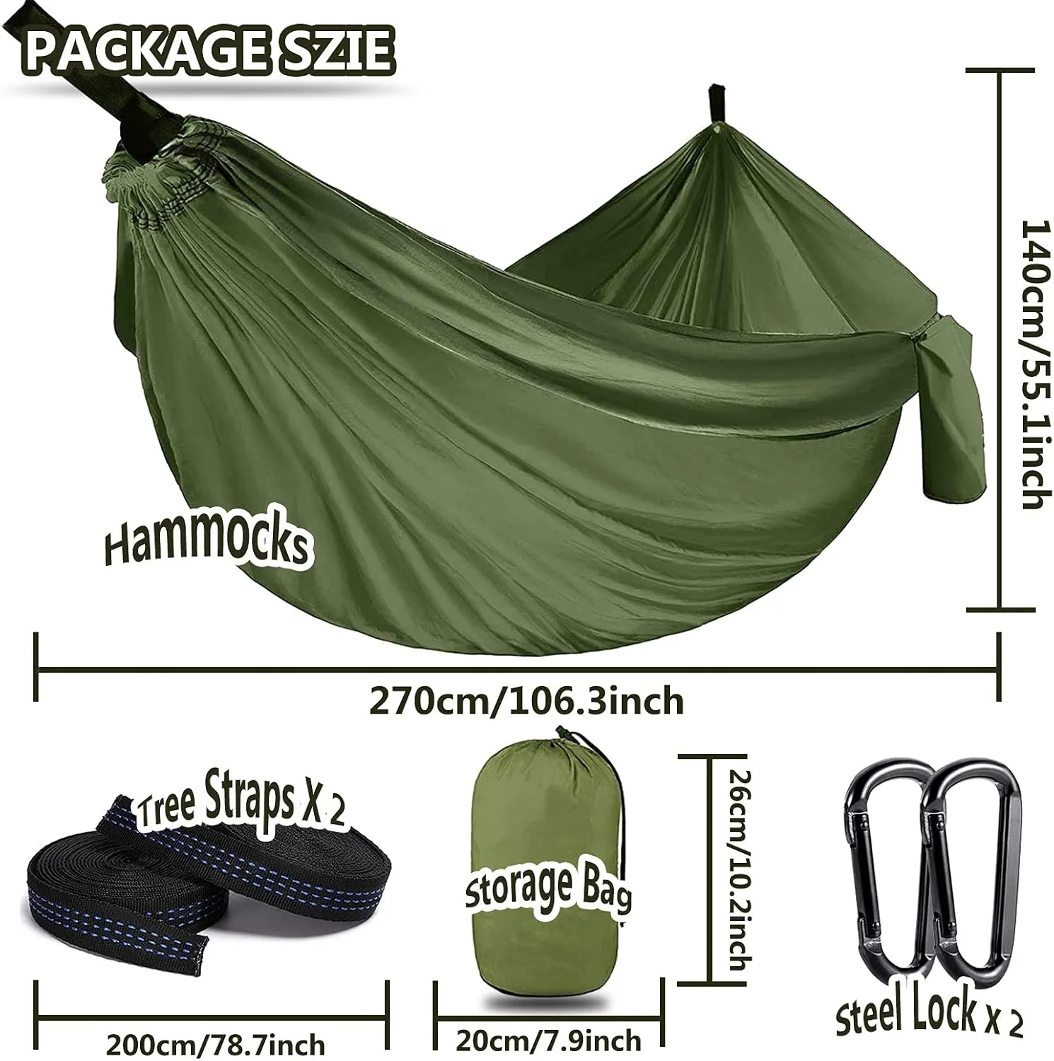 Outdoor Travel Hammock, Portable Camping Hammock, Double Hammock 200kg Load Capacity for Camping Hiking Backpacking,Army Green
