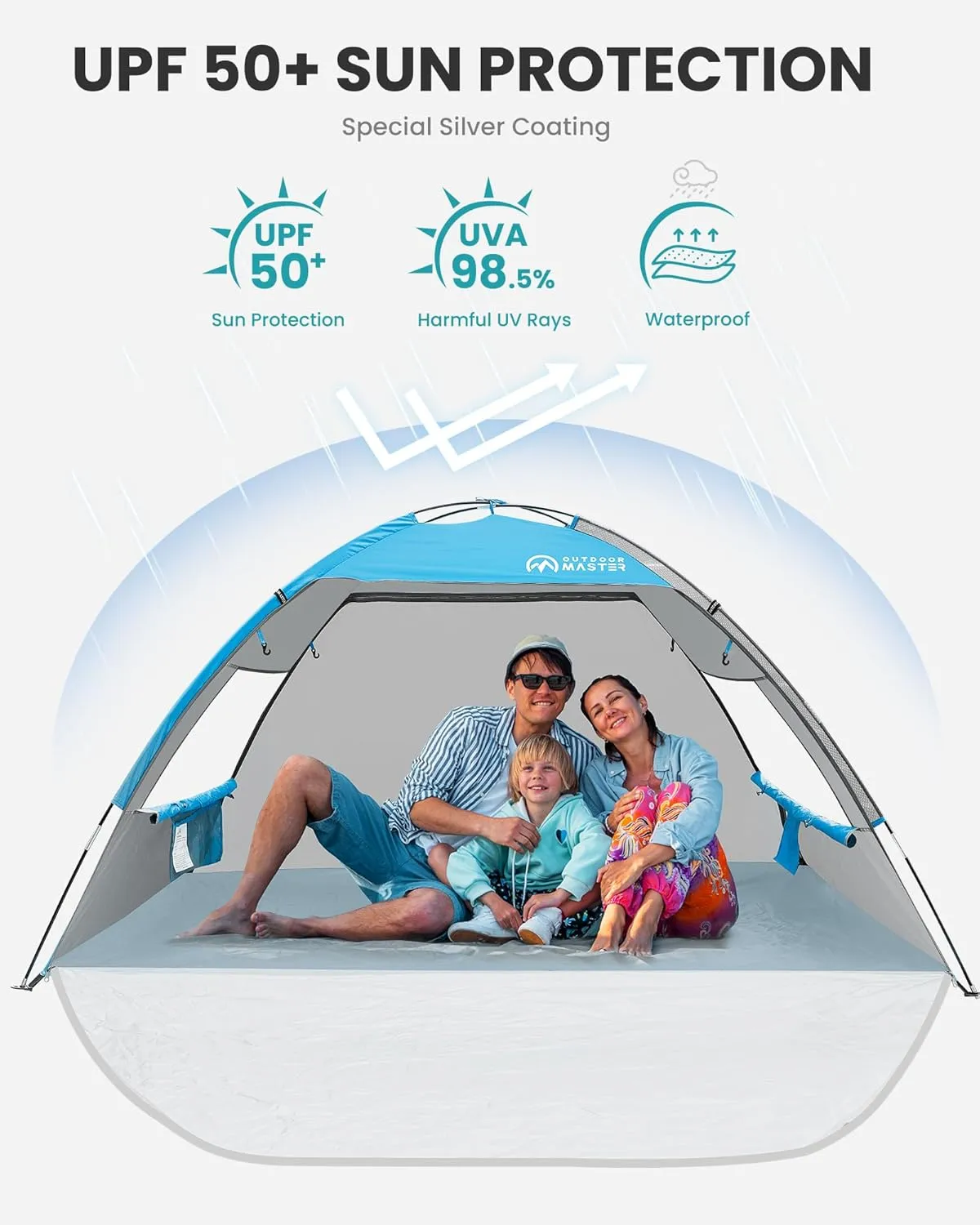 OutdoorMaster Beach Tent for 3 Person with 2 Doors, Easy Setup Sun Shade Shelter, Portable Beach Shade Sun Canopy with UPF 50  UV Protection, Extendable Floor with Carrying Bag - Blue