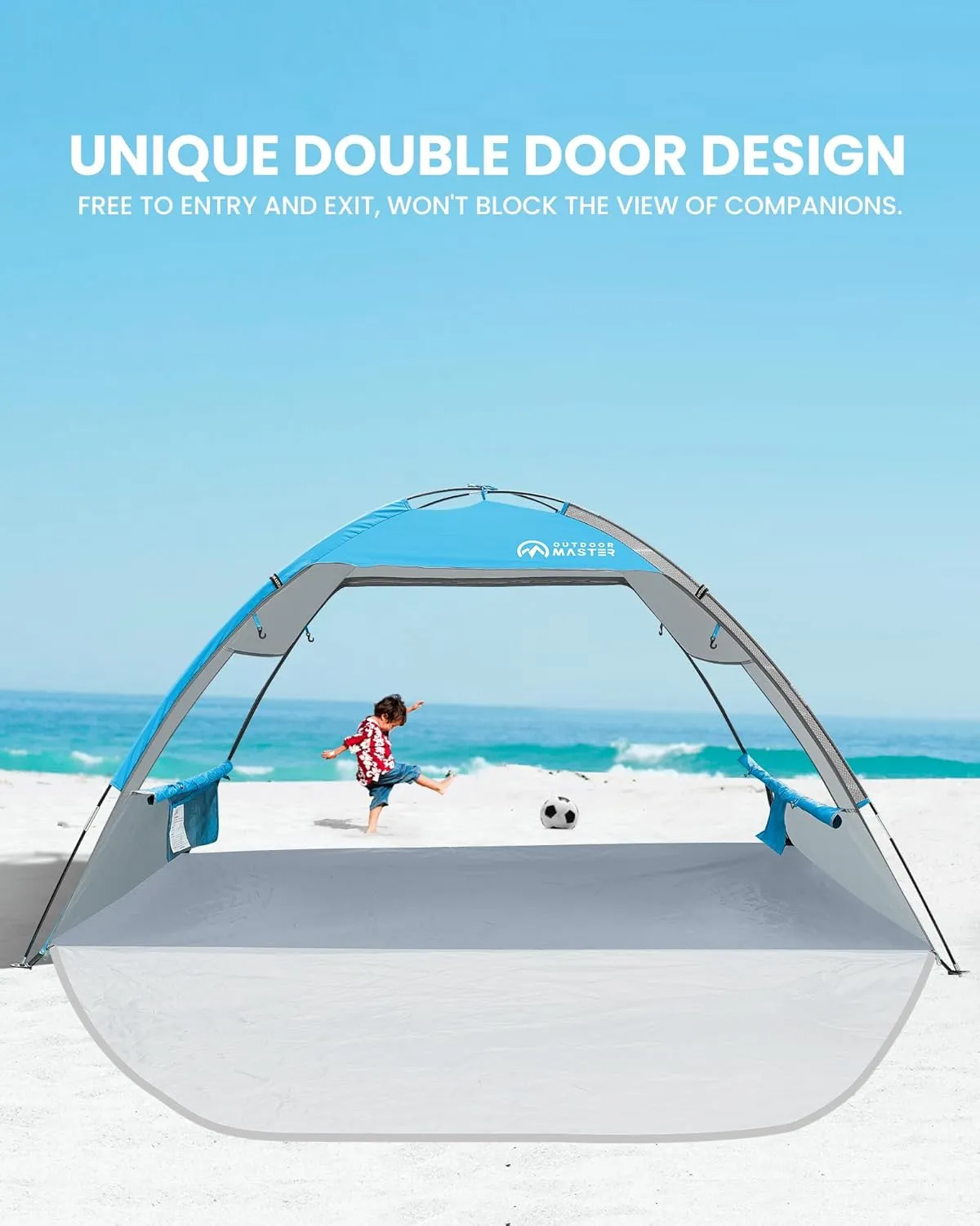 OutdoorMaster Beach Tent for 3 Person with 2 Doors, Easy Setup Sun Shade Shelter, Portable Beach Shade Sun Canopy with UPF 50  UV Protection, Extendable Floor with Carrying Bag - Blue