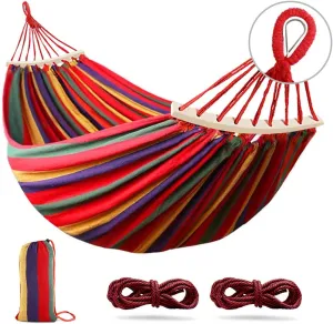 Outerman 275 x 155 cm Camping Hammock, Hammocks Thickened Canvas Fabric with 550lb Load Capacity, Two Anti Roll Balance Beam and Sturdy Metal Knot Tree Straps for Travel, Beach, Backyard etc.