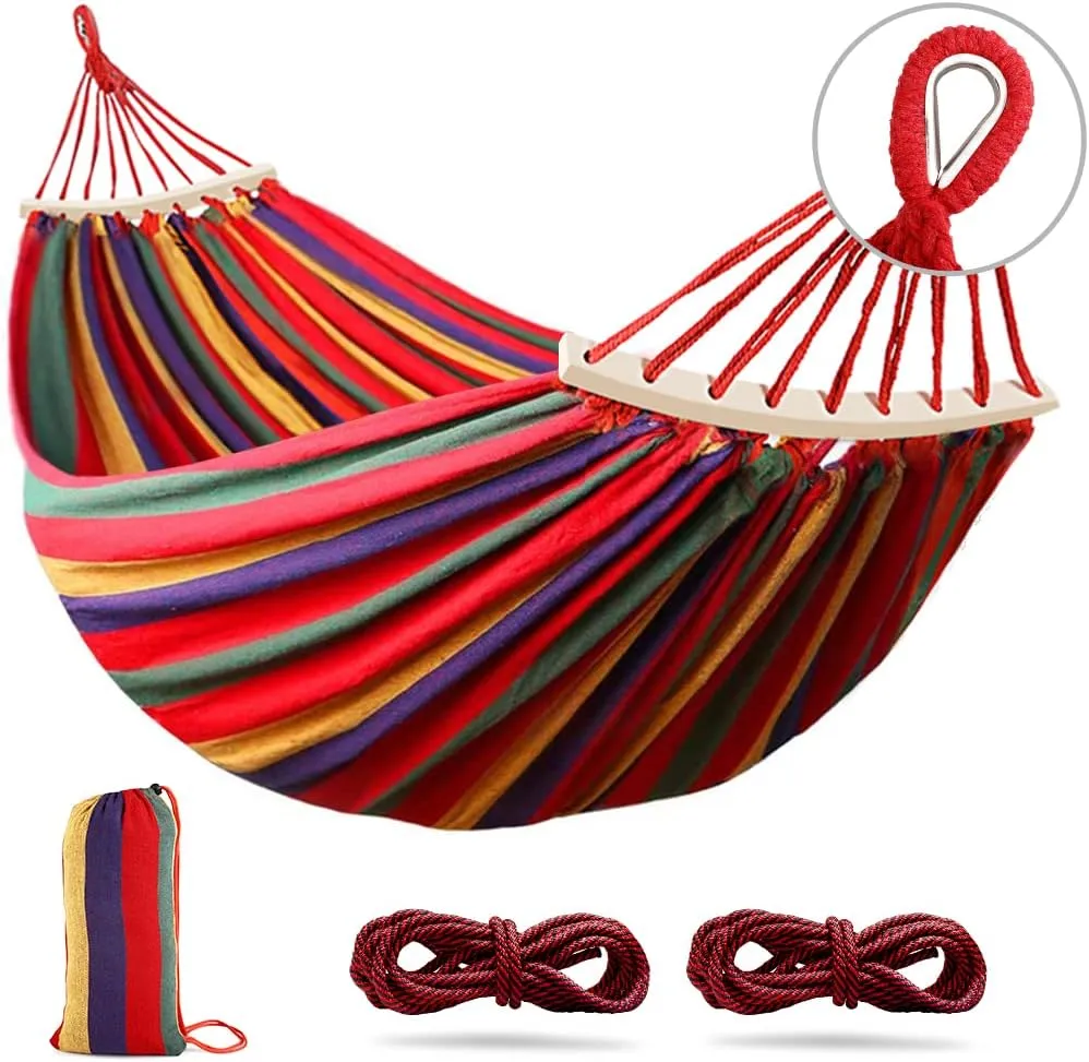 Outerman 275 x 155 cm Camping Hammock, Hammocks Thickened Canvas Fabric with 550lb Load Capacity, Two Anti Roll Balance Beam and Sturdy Metal Knot Tree Straps for Travel, Beach, Backyard etc.