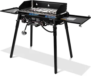 Outland Living 2 Burner Camp Stove with Dual Ring Flame Control - Princeton Portable 2 Burner Propane Gas Stove for Outdoor Cooking with Dual Integrated Lids, Removable Wind Fence and Legs