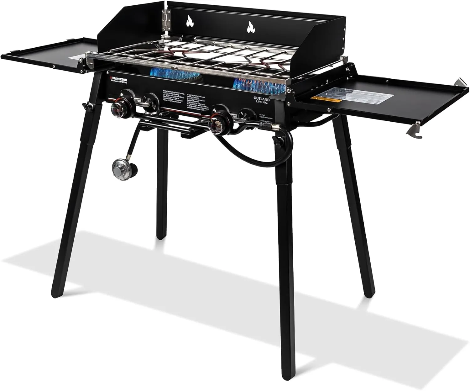 Outland Living 2 Burner Camp Stove with Dual Ring Flame Control - Princeton Portable 2 Burner Propane Gas Stove for Outdoor Cooking with Dual Integrated Lids, Removable Wind Fence and Legs