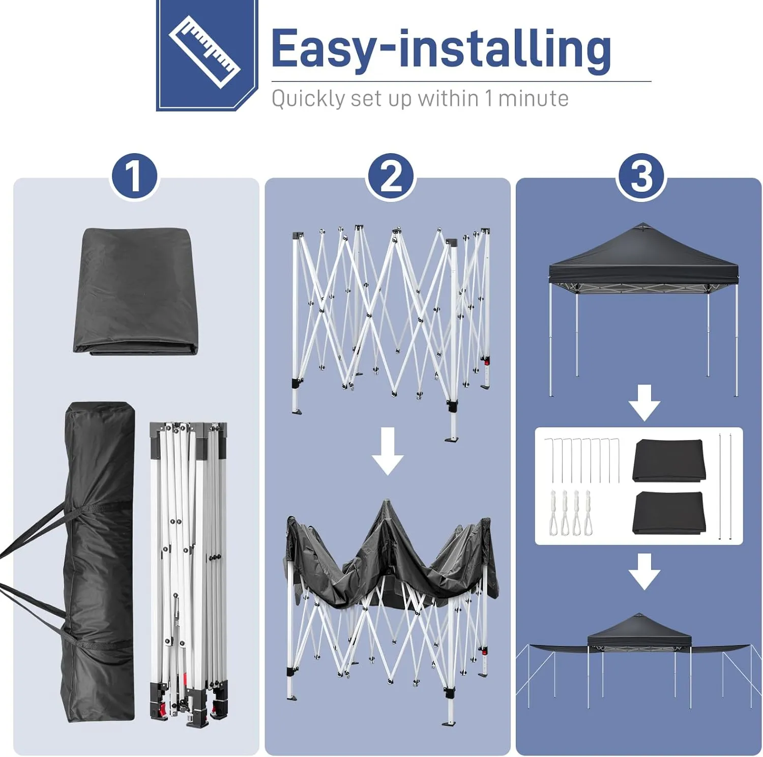 Outvita 10x10ft Ez Pop Up Canopy, Portable Instant Canopy Tent with 2pcs SideWalls and 4pcs Camping Upright Poles for Outdoor Events, Party, Wedding, Birthday,Graduation Gray