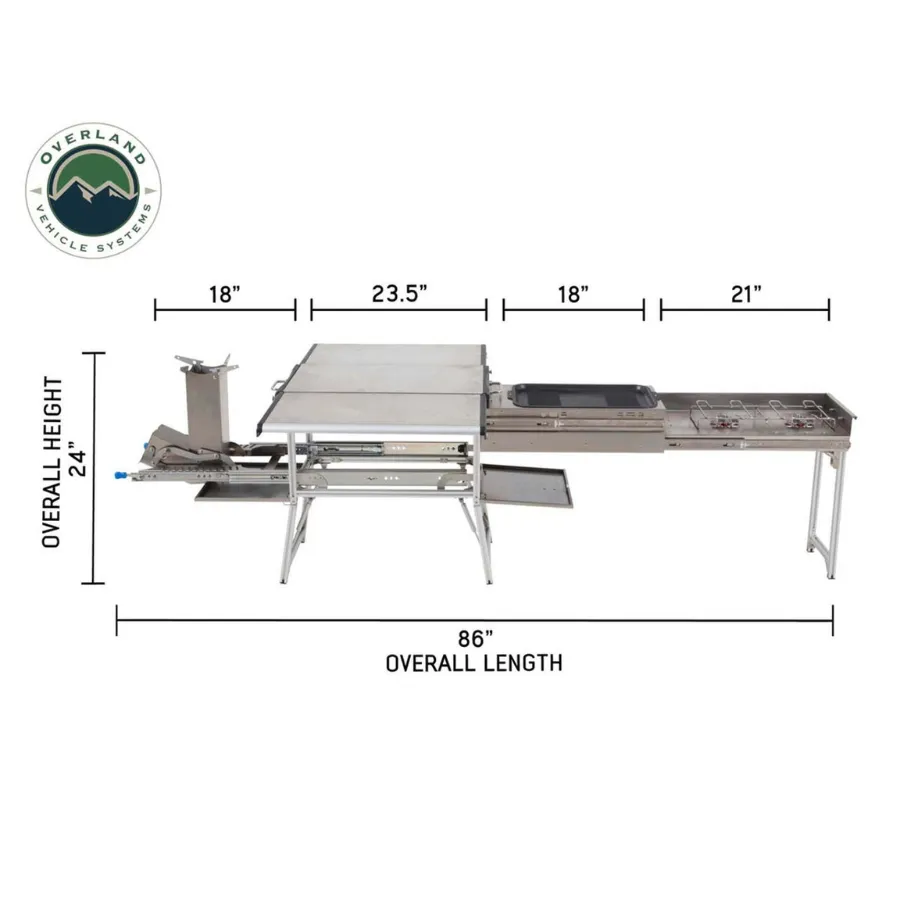 OVS Komodo Camp Kitchen - Dual Grill, Skillet, Folding Shelves, And Rocket Tower - Stainless Steel