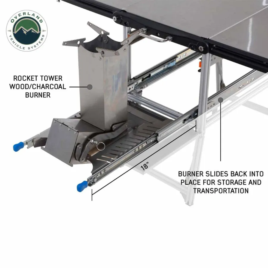OVS Komodo Camp Kitchen - Dual Grill, Skillet, Folding Shelves, And Rocket Tower - Stainless Steel