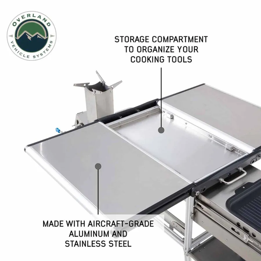 OVS Komodo Camp Kitchen - Dual Grill, Skillet, Folding Shelves, And Rocket Tower - Stainless Steel