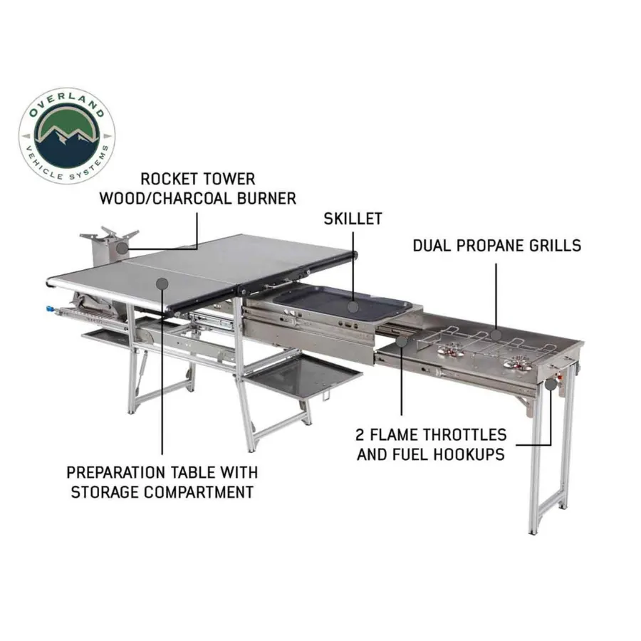 OVS Komodo Camp Kitchen - Dual Grill, Skillet, Folding Shelves, And Rocket Tower - Stainless Steel