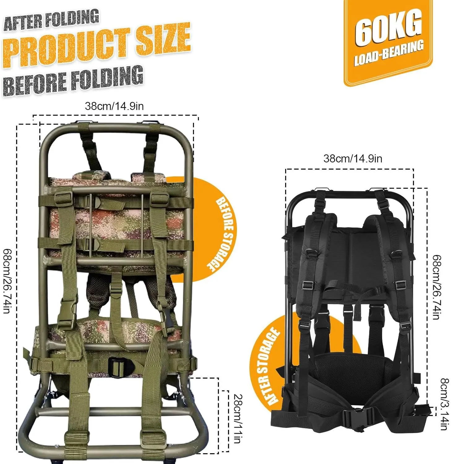 Pack Frame with Attachments - External Aluminum Frame Hiking Backpacks, rip-stop Nylon Fabric, Supports up to 132 lbs, Lightweight, portable and adjustable, for Camping, Hiking (Camouflage Color)