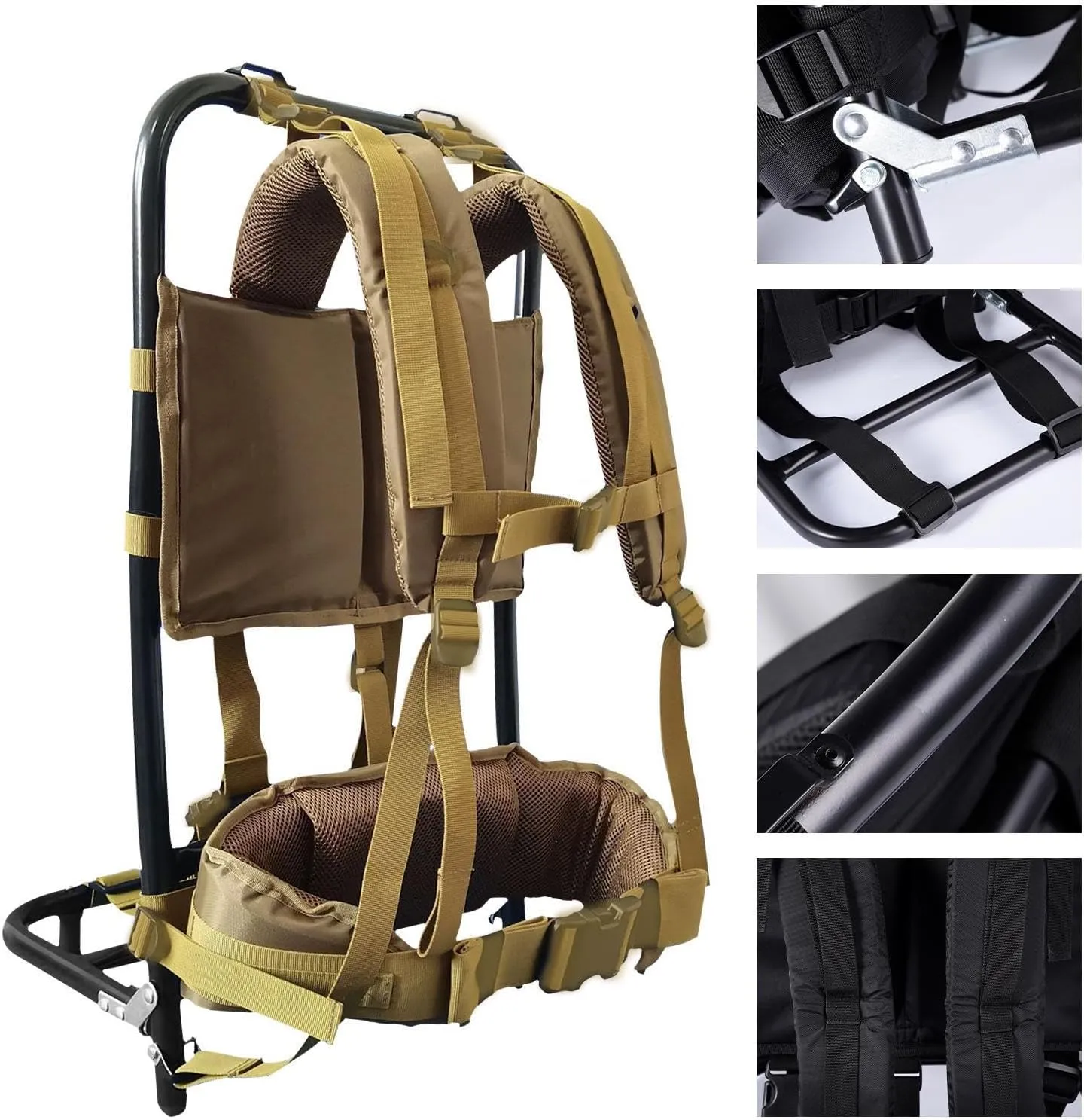 Pack Frame with Attachments - External Aluminum Frame Hiking Backpacks, rip-stop Nylon Fabric, Supports up to 132 lbs, Lightweight, portable and adjustable, for Camping, Hiking, Hunting (Khaki)