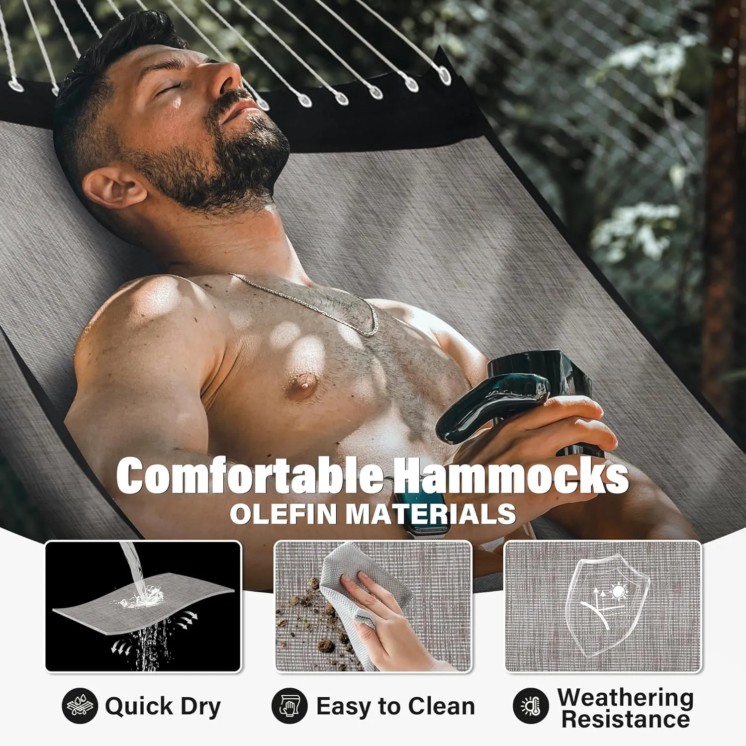 Patio Watcher 13 FT Quick Dry Olefin Hammock - Outdoor Double Hammock with Metal Curved Spreader Bars - 450 lbs Capacity - Mocha