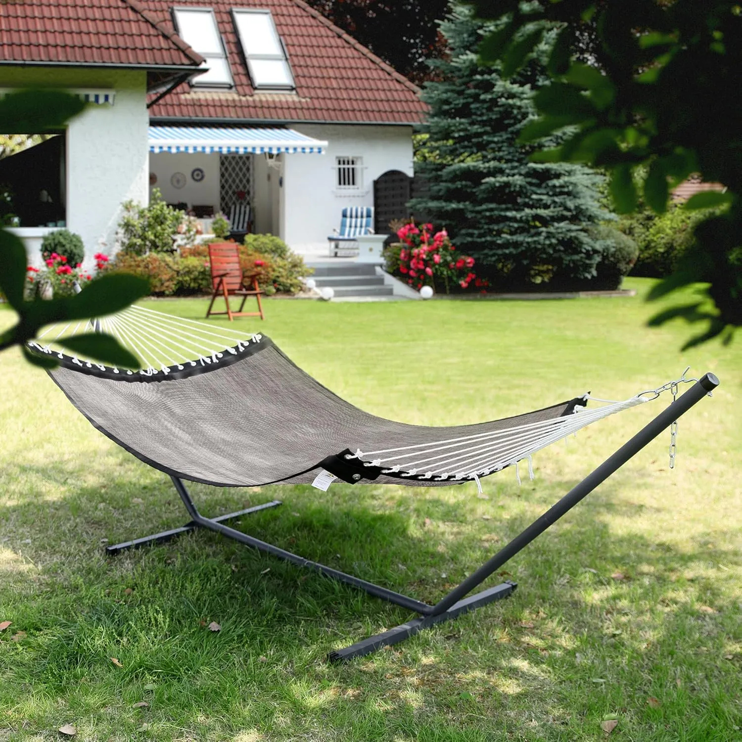 Patio Watcher 13 FT Quick Dry Olefin Hammock - Outdoor Double Hammock with Metal Curved Spreader Bars - 450 lbs Capacity - Mocha