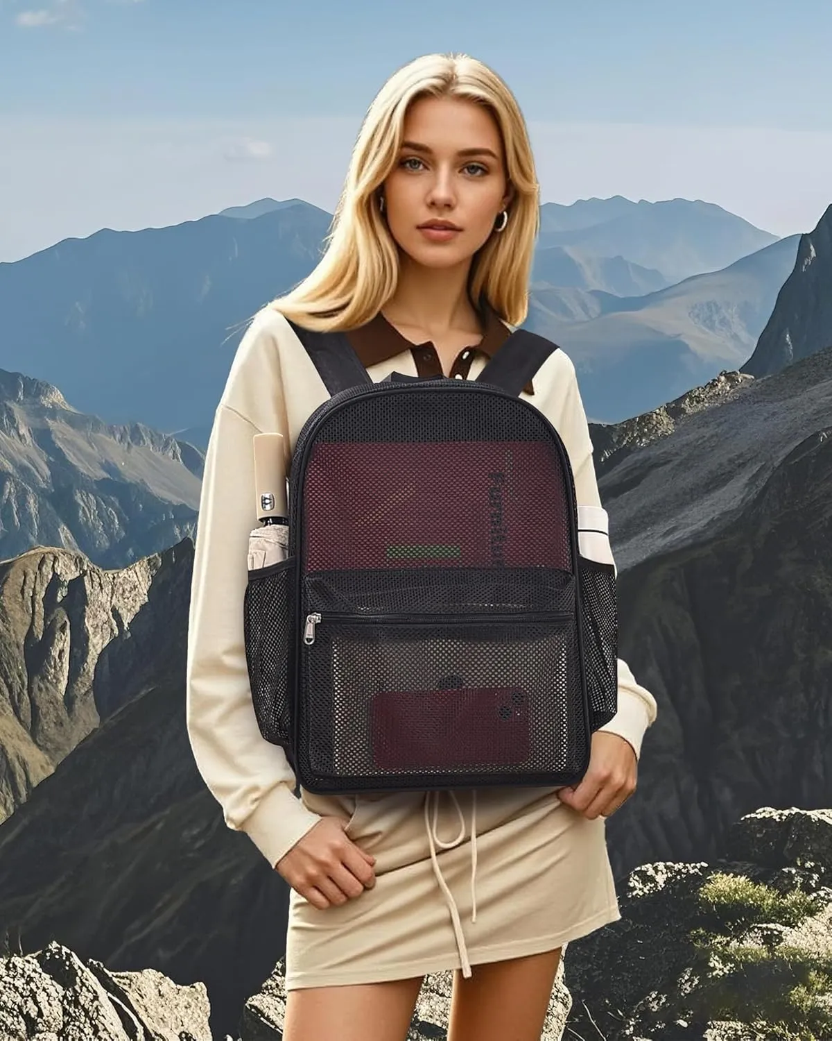 Paxiland Mesh Backpack Lightweight See Through College Student Backpack for Commuting Swimming Travel Beach Outdoor Sports - Black