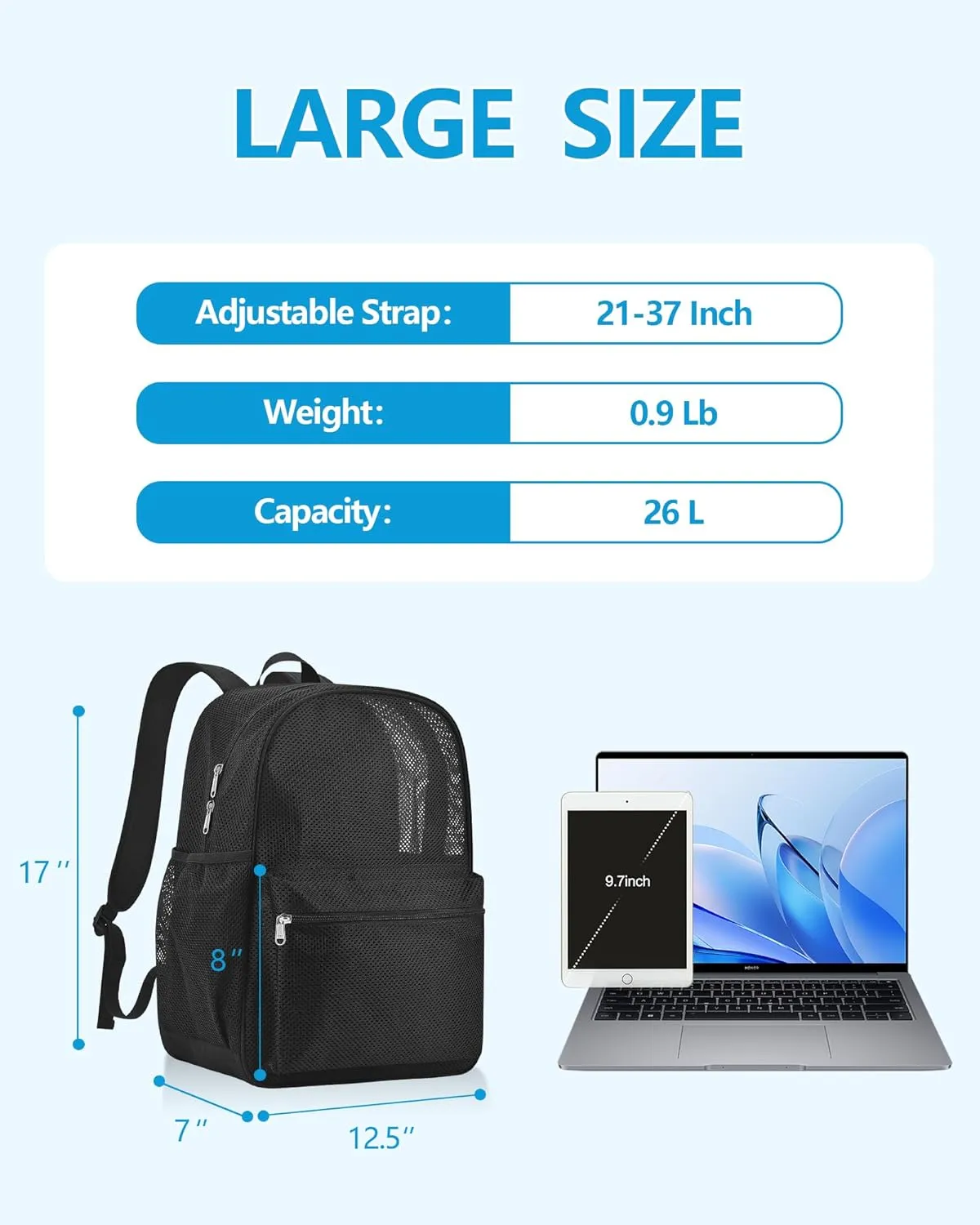 Paxiland Mesh Backpack Lightweight See Through College Student Backpack for Commuting Swimming Travel Beach Outdoor Sports - Black