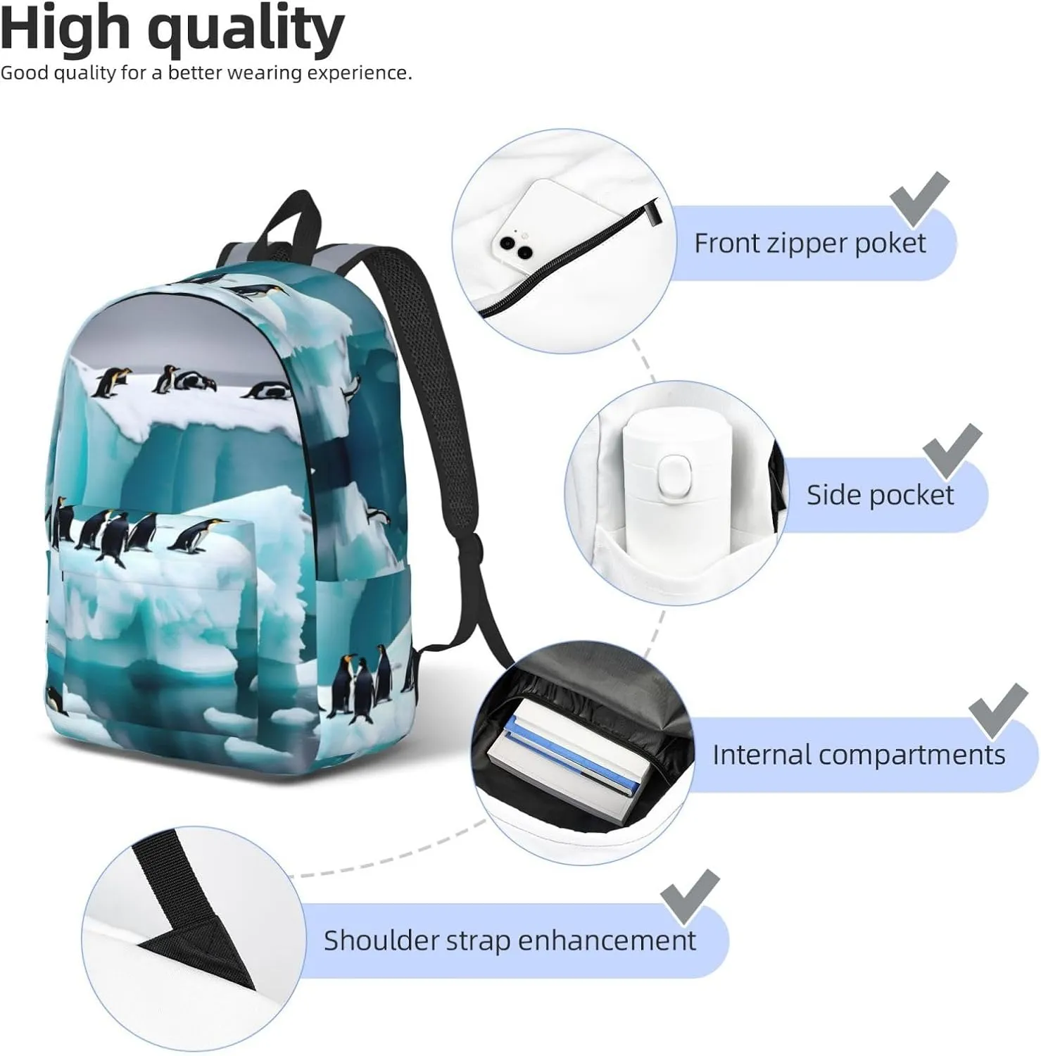 Penguins On The Iceberg Canvas Backpack For Men Women,Casual Rucksack Backpack, Laptop College Hiking Travel Bag
