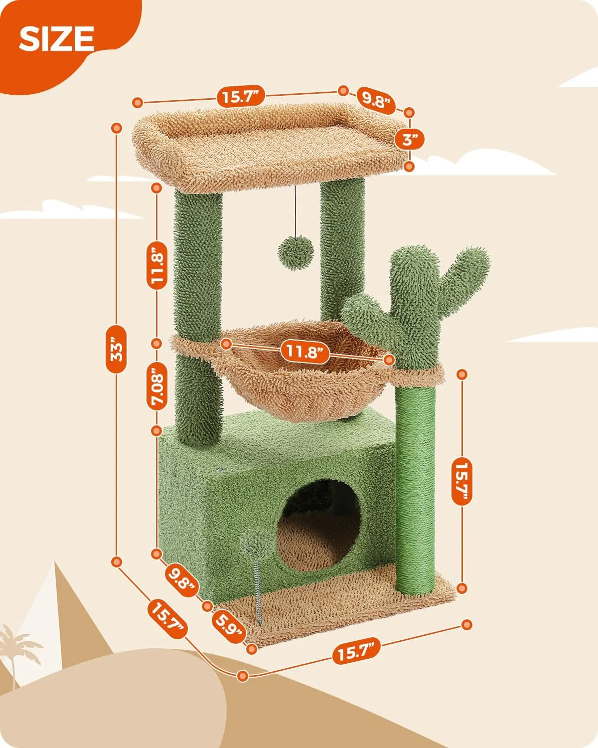 PEQULTI 4-in-1 Cactus Cat Tree, 33'' Cat Tower for Indoor Cats with Large Condo, Cat Scratching Post for Cats with Deep Hammock& Cozy Top Perch,Green