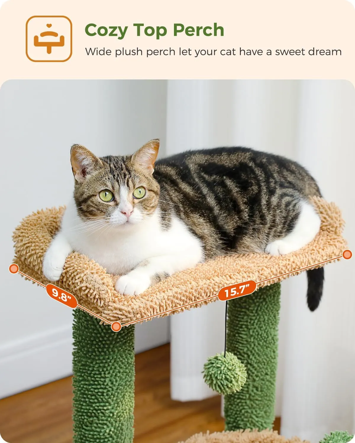 PEQULTI 4-in-1 Cactus Cat Tree, 33'' Cat Tower for Indoor Cats with Large Condo, Cat Scratching Post for Cats with Deep Hammock& Cozy Top Perch,Green