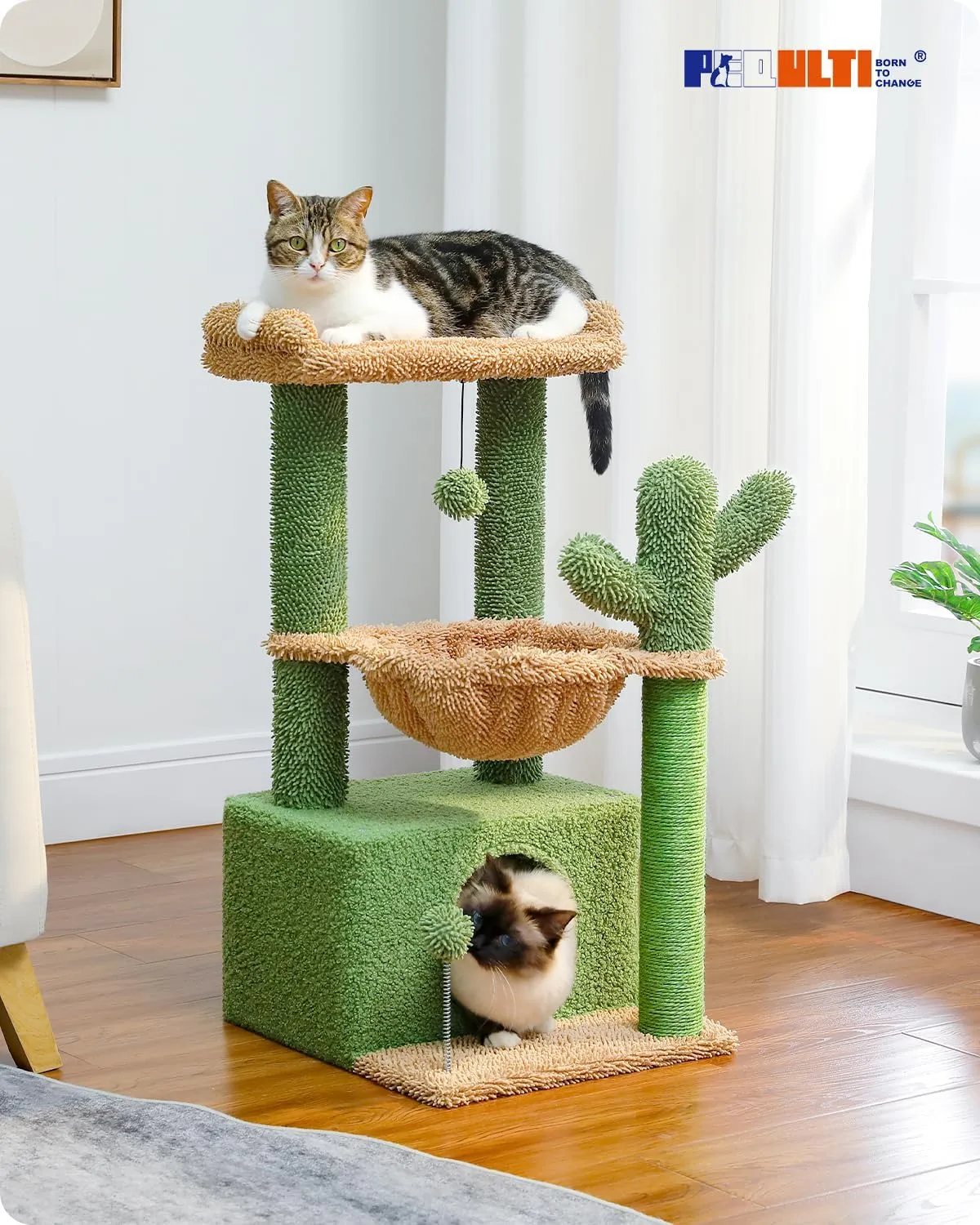 PEQULTI 4-in-1 Cactus Cat Tree, 33'' Cat Tower for Indoor Cats with Large Condo, Cat Scratching Post for Cats with Deep Hammock& Cozy Top Perch,Green