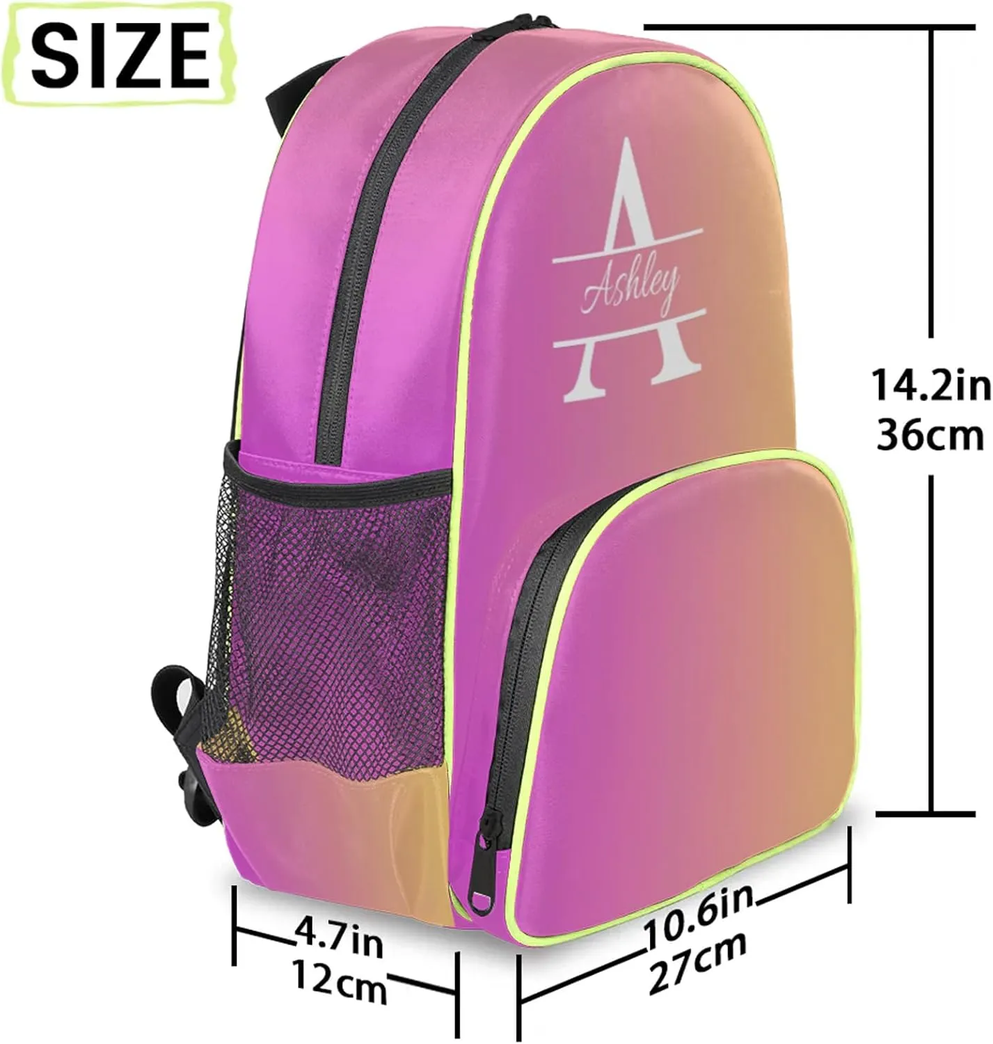 Personalized Backpack with Initial & Name Customized Shoulder Bag for Women Waterproof Travel Casual Daypack Gifts 14.2in, Pink Yellow