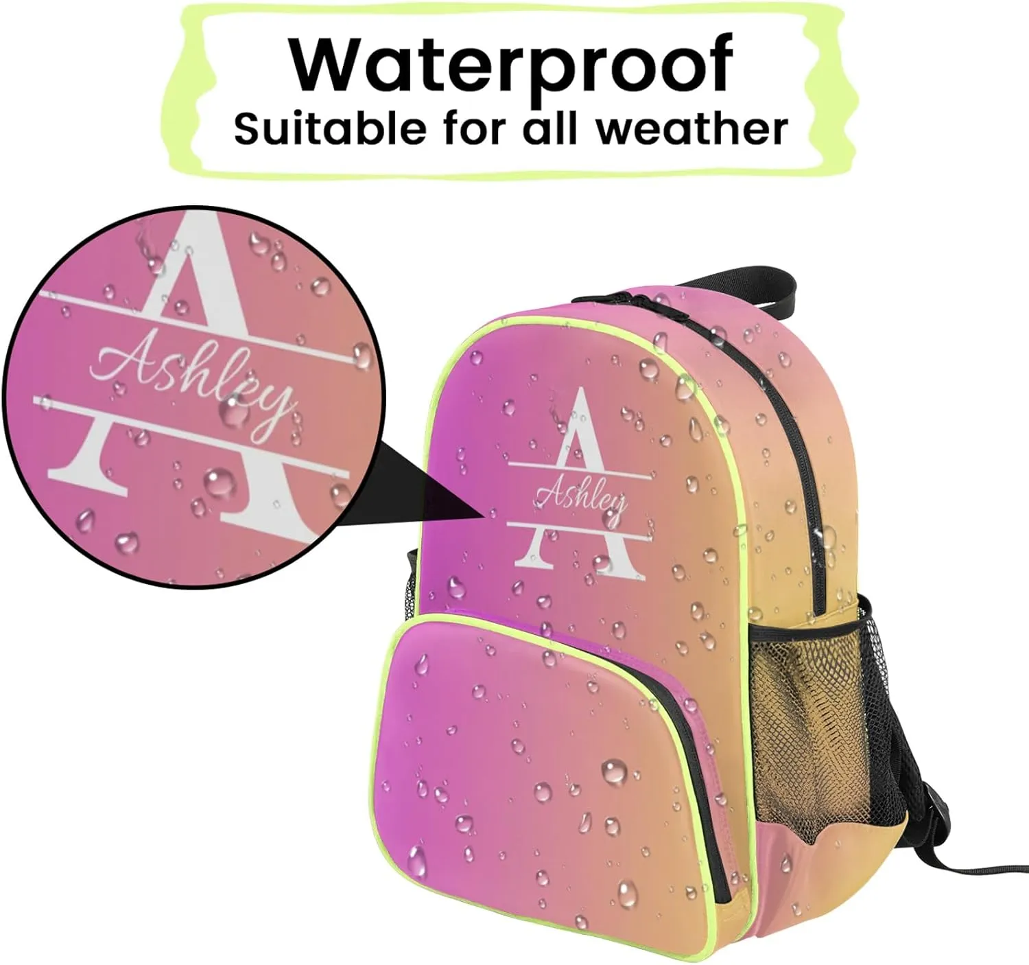 Personalized Backpack with Initial & Name Customized Shoulder Bag for Women Waterproof Travel Casual Daypack Gifts 14.2in, Pink Yellow