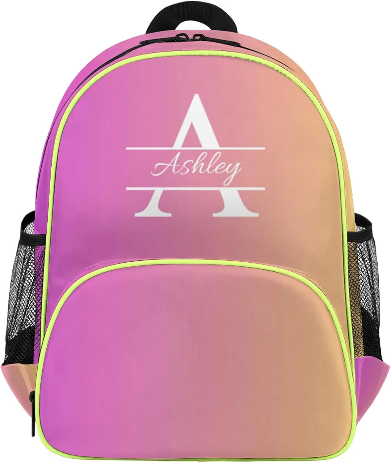 Personalized Backpack with Initial & Name Customized Shoulder Bag for Women Waterproof Travel Casual Daypack Gifts 14.2in, Pink Yellow