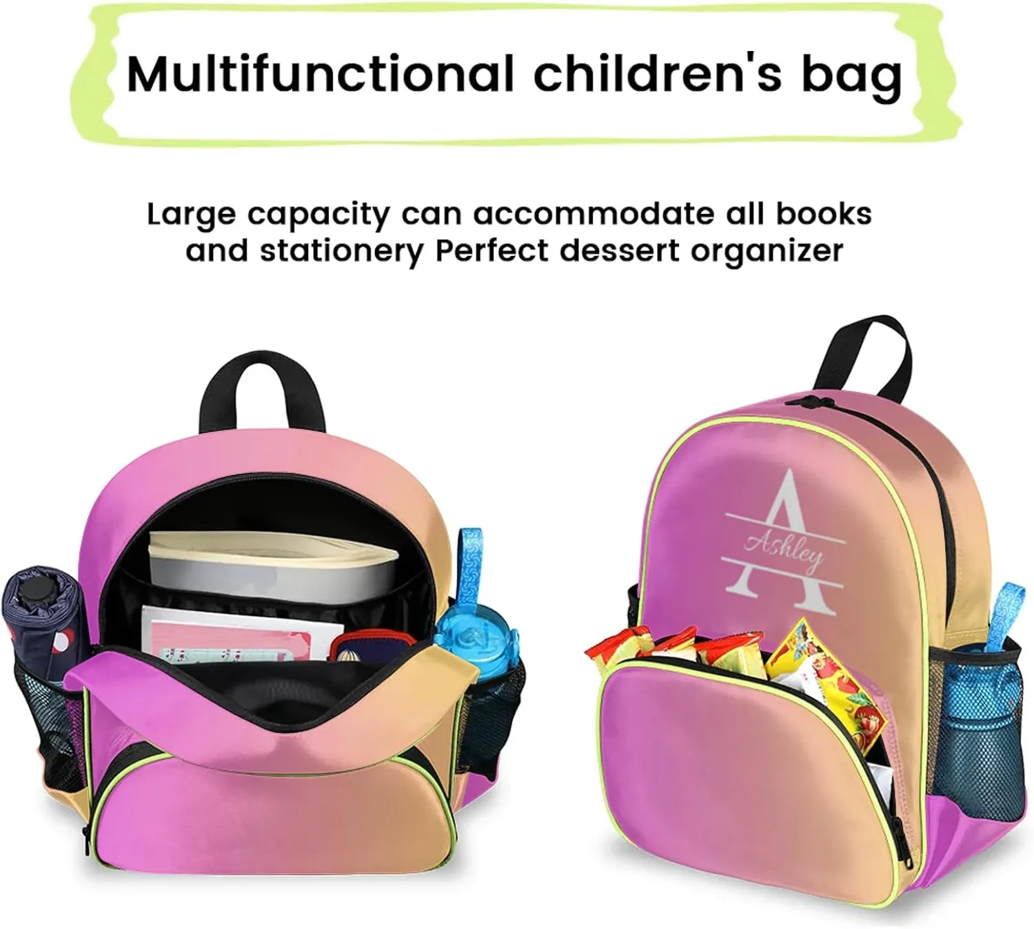 Personalized Backpack with Initial & Name Customized Shoulder Bag for Women Waterproof Travel Casual Daypack Gifts 14.2in, Pink Yellow