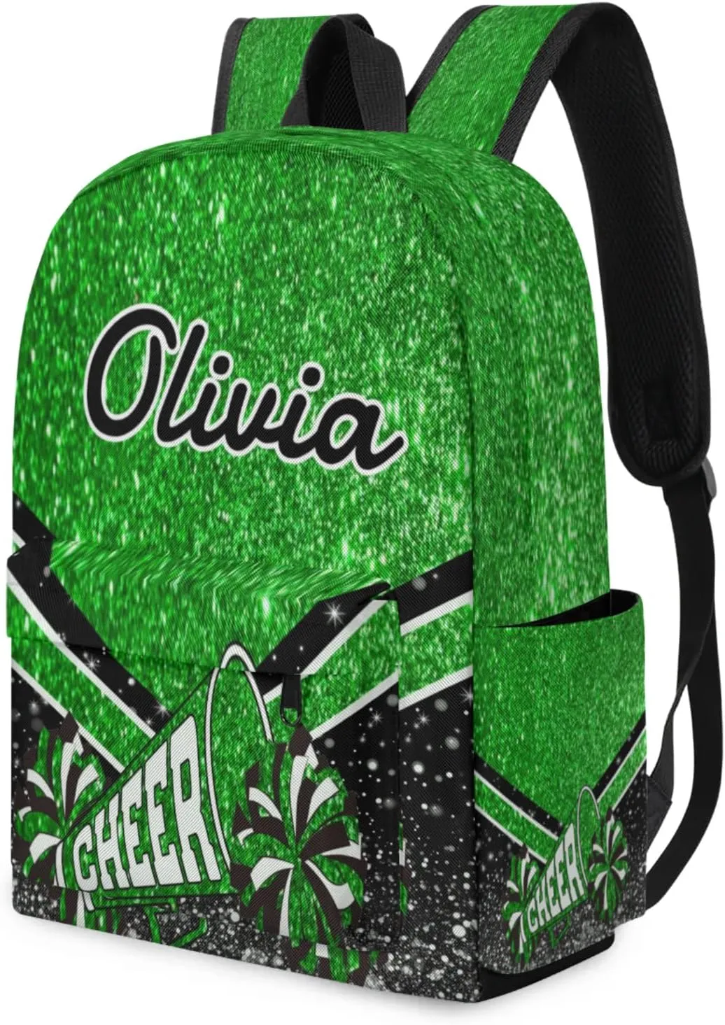 Personalized Cheer Backpacks for Cheerleader, Custom Name Large Capacity Casual Daypack, Green Glitter 15 Inch Shoulder Bag