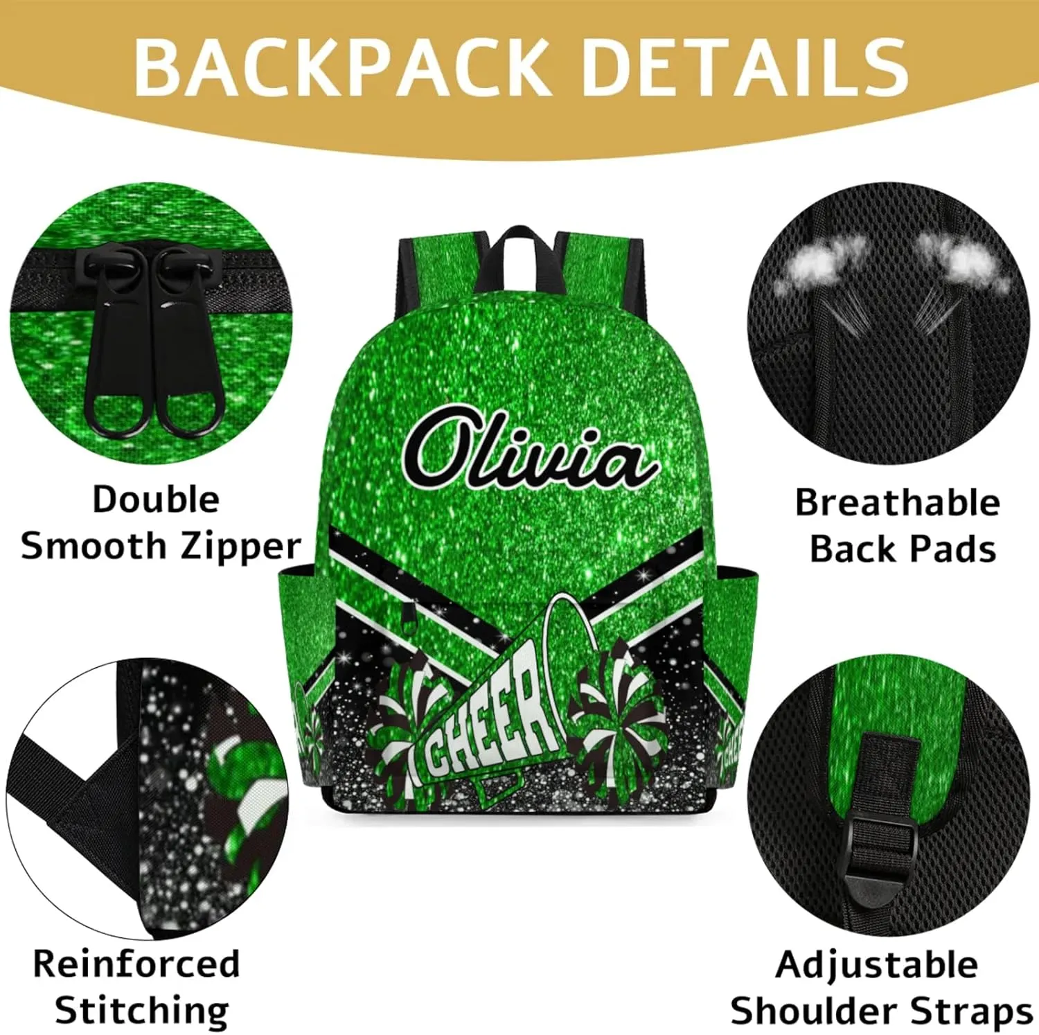 Personalized Cheer Backpacks for Cheerleader, Custom Name Large Capacity Casual Daypack, Green Glitter 15 Inch Shoulder Bag
