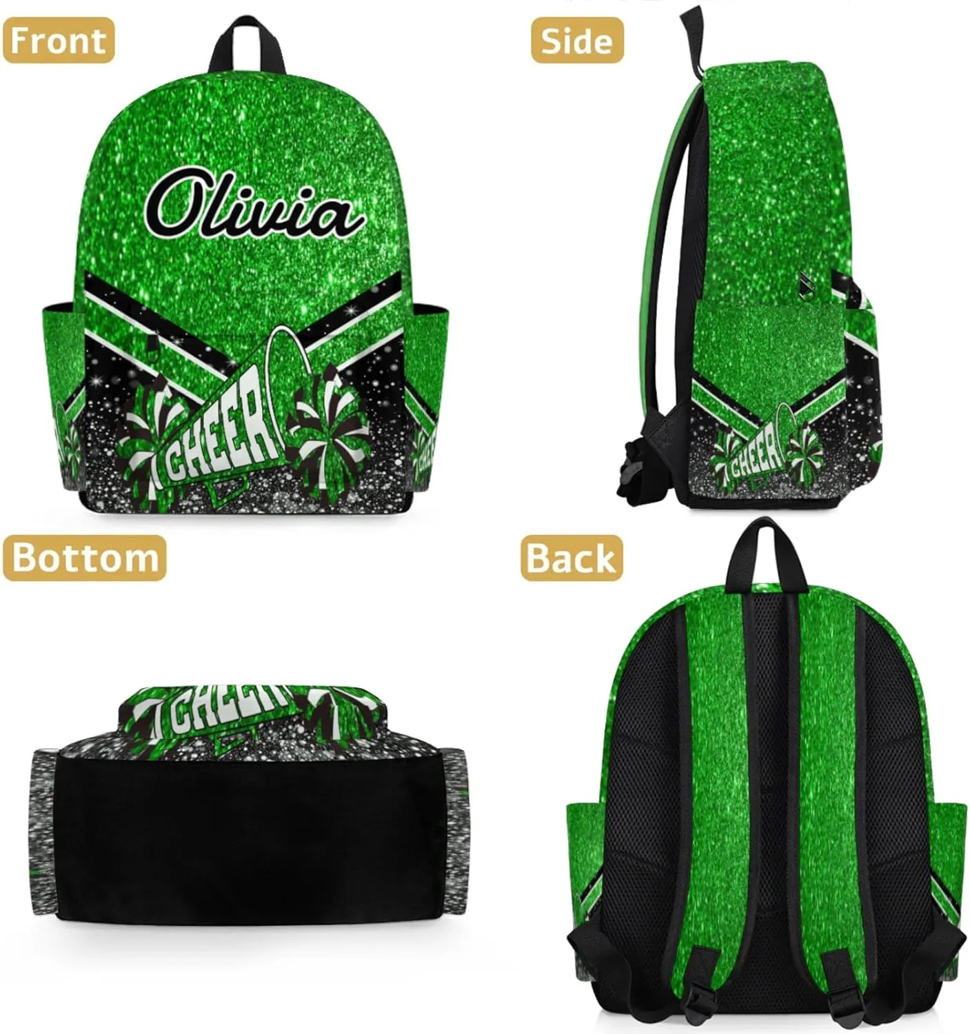 Personalized Cheer Backpacks for Cheerleader, Custom Name Large Capacity Casual Daypack, Green Glitter 15 Inch Shoulder Bag