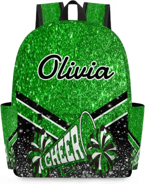 Personalized Cheer Backpacks for Cheerleader, Custom Name Large Capacity Casual Daypack, Green Glitter 15 Inch Shoulder Bag