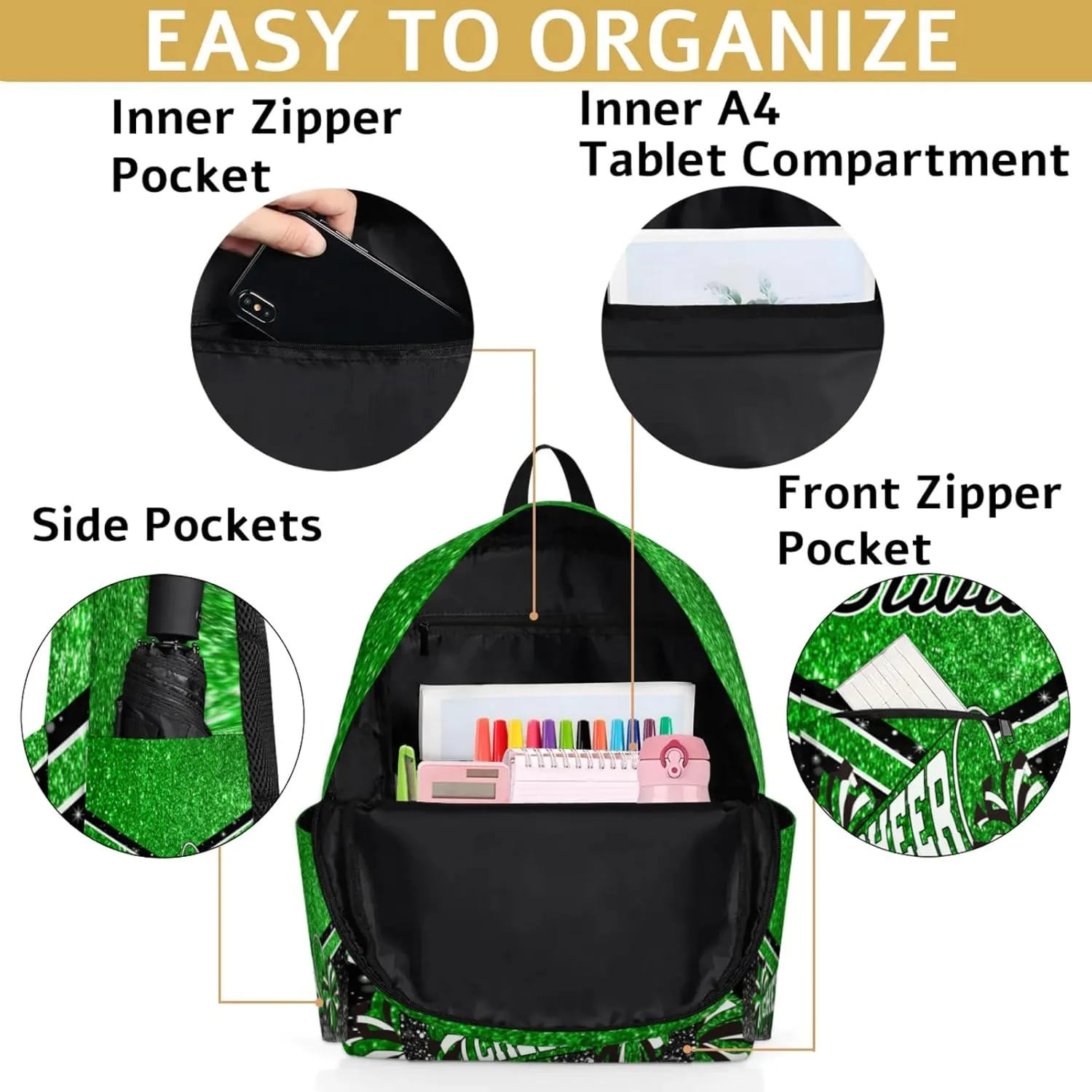 Personalized Cheer Backpacks for Cheerleader, Custom Name Large Capacity Casual Daypack, Green Glitter 15 Inch Shoulder Bag