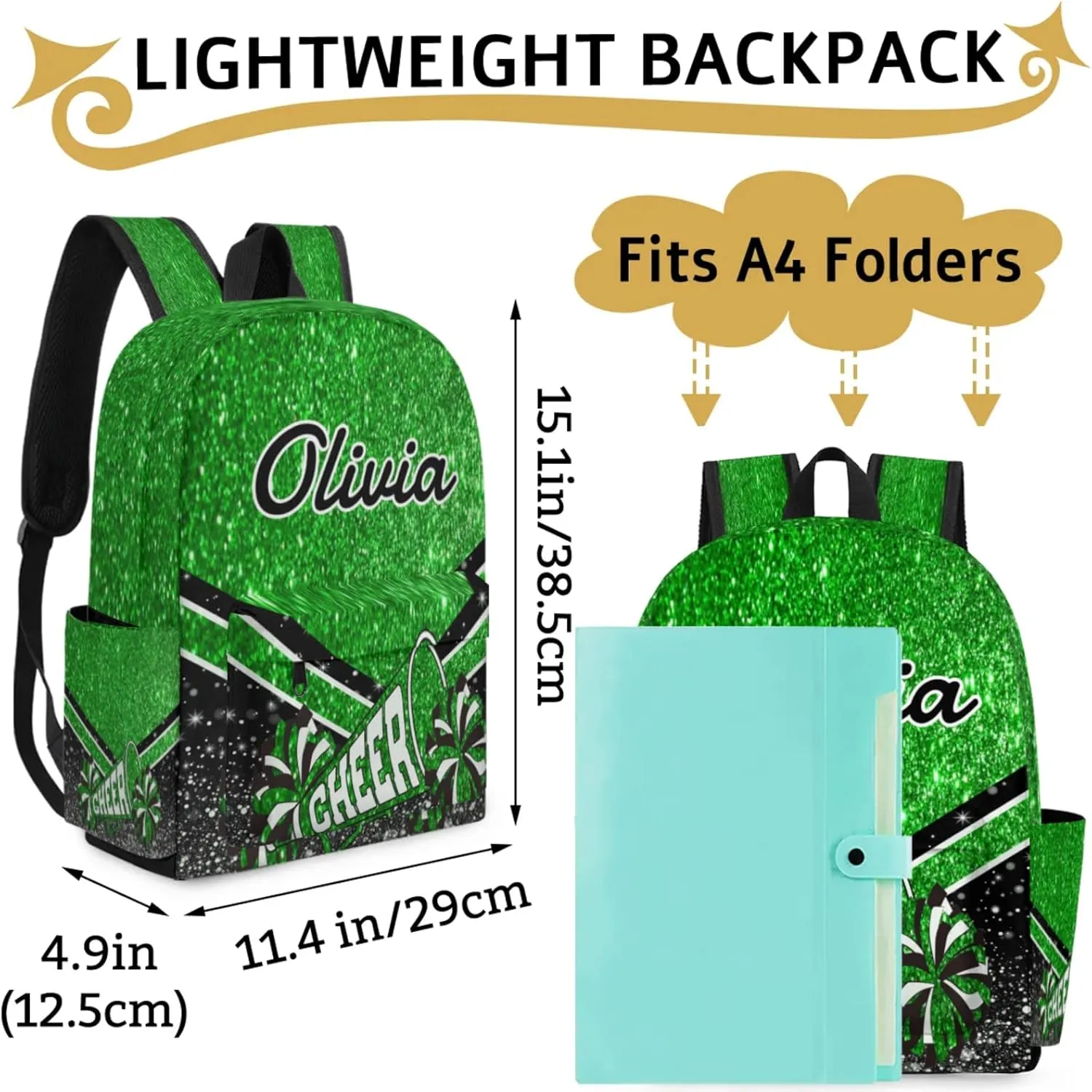 Personalized Cheer Backpacks for Cheerleader, Custom Name Large Capacity Casual Daypack, Green Glitter 15 Inch Shoulder Bag