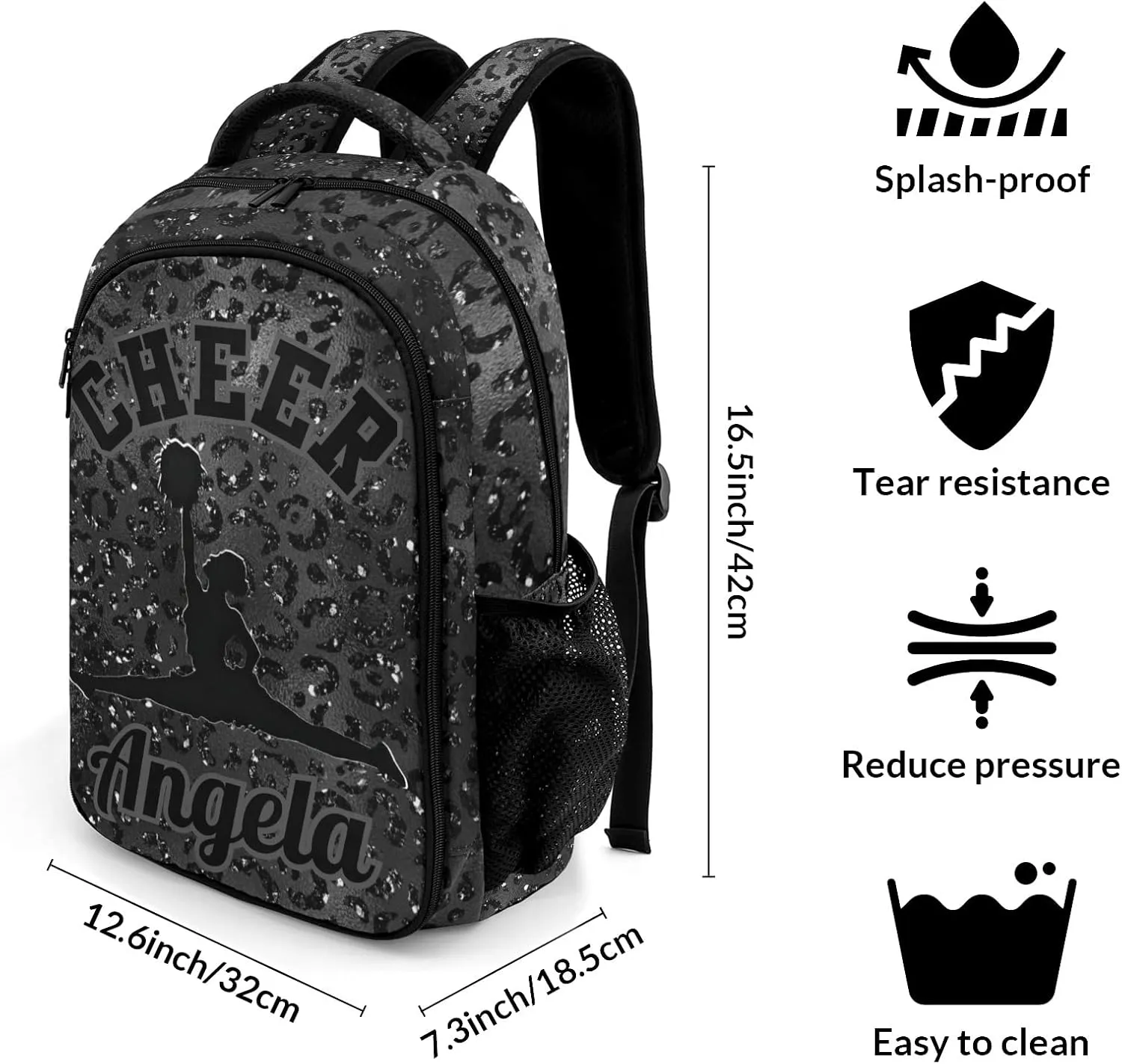 Personalized Cheerleader Backpack Casual Bag Daypack for Women Men Camping Hiking Leopard Bling Print Black Cheer