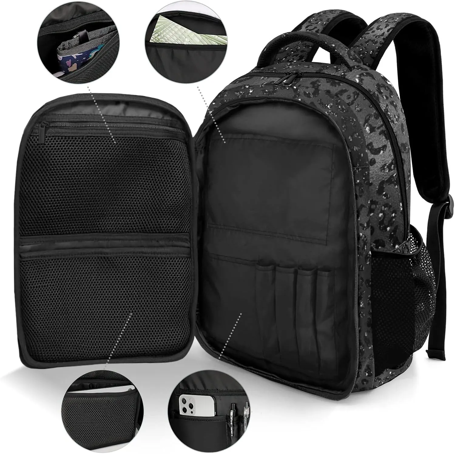 Personalized Cheerleader Backpack Casual Bag Daypack for Women Men Camping Hiking Leopard Bling Print Black Cheer