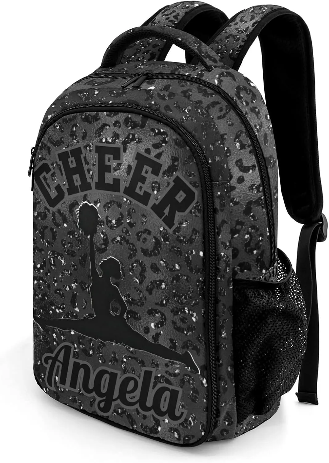 Personalized Cheerleader Backpack Casual Bag Daypack for Women Men Camping Hiking Leopard Bling Print Black Cheer