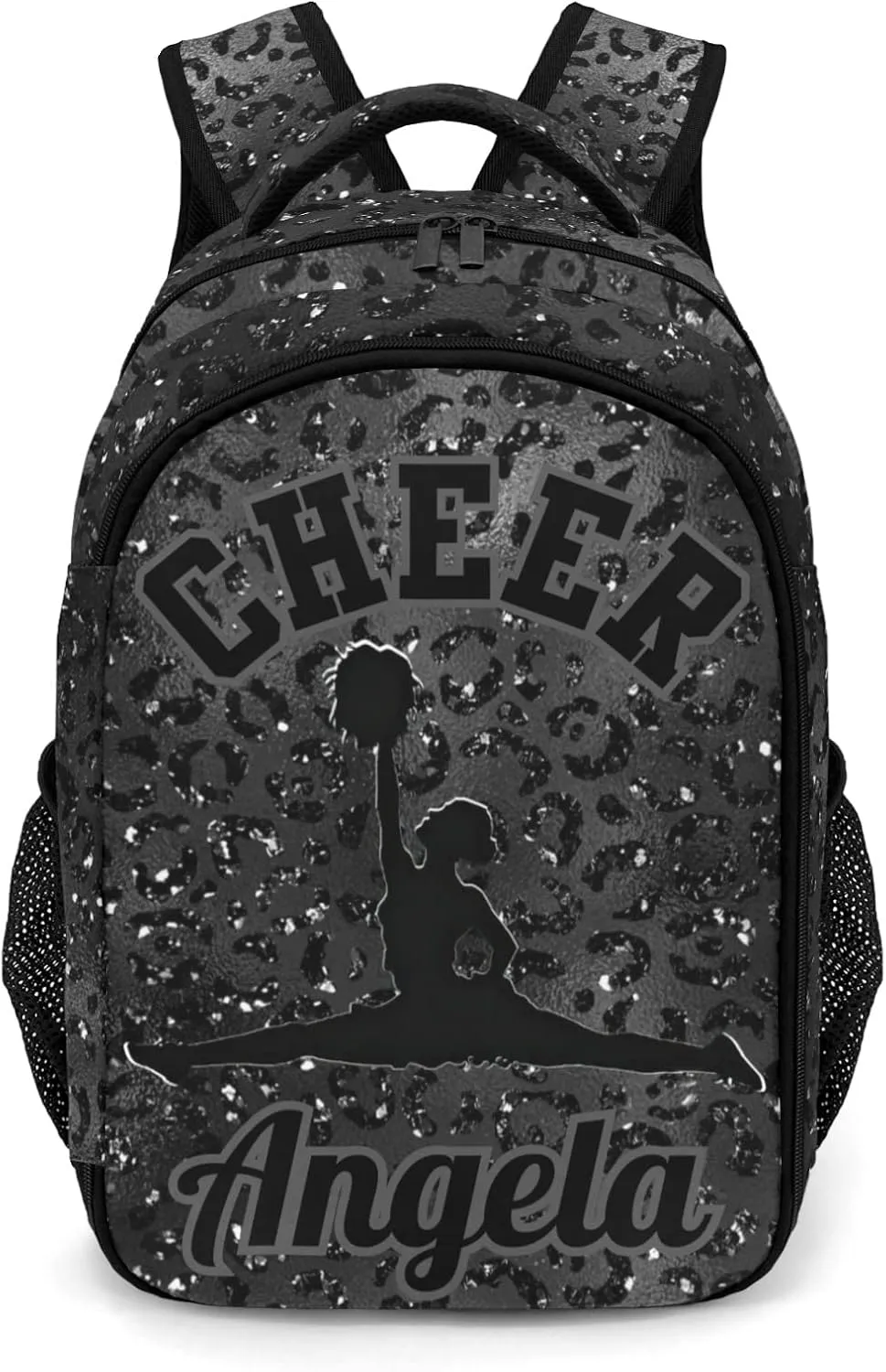 Personalized Cheerleader Backpack Casual Bag Daypack for Women Men Camping Hiking Leopard Bling Print Black Cheer