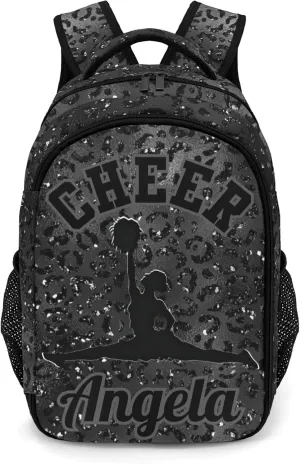 Personalized Cheerleader Backpack Casual Bag Daypack for Women Men Camping Hiking Leopard Bling Print Black Cheer