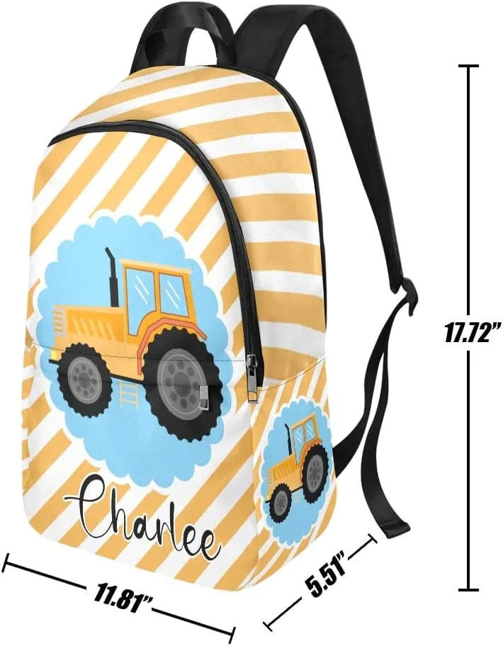 Personalized Tractor Orange Stripes Backpack with Name Custom Travel Daypack Bag for Woman Man Gifts