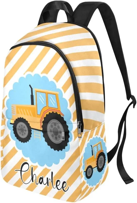 Personalized Tractor Orange Stripes Backpack with Name Custom Travel Daypack Bag for Woman Man Gifts