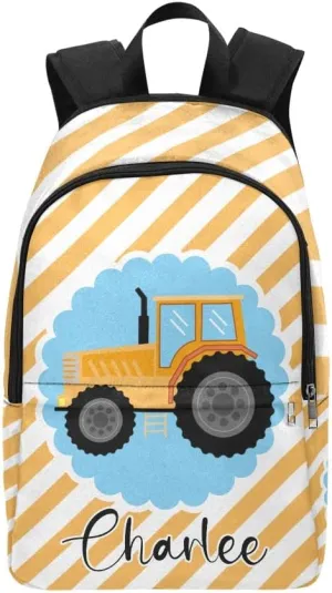 Personalized Tractor Orange Stripes Backpack with Name Custom Travel Daypack Bag for Woman Man Gifts
