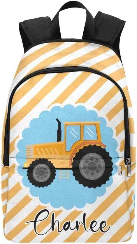 Personalized Tractor Orange Stripes Backpack with Name Custom Travel Daypack Bag for Woman Man Gifts